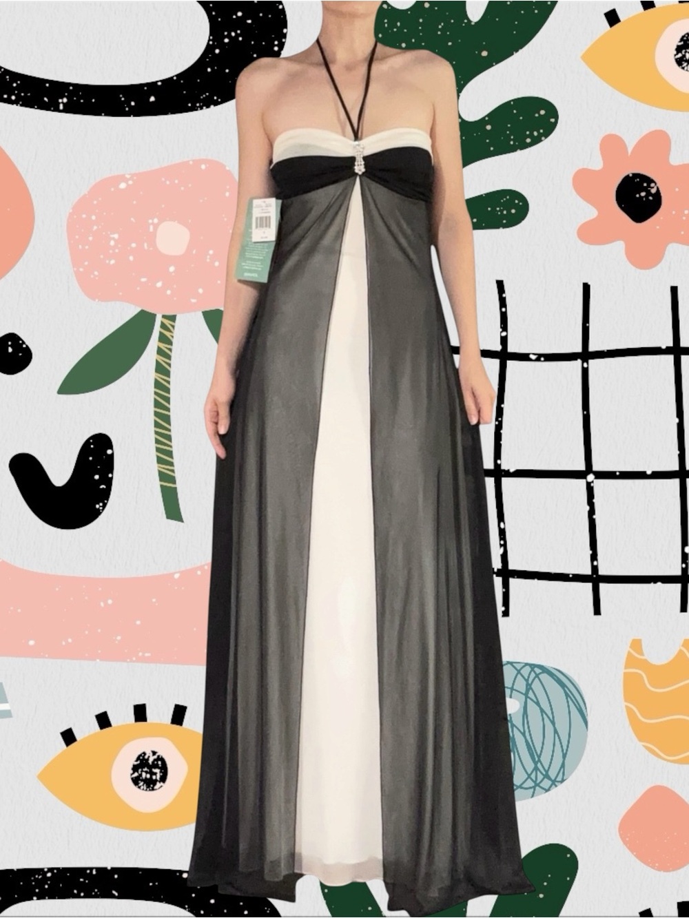 NWT✨ | Beata Studio | Vintage Y2K Mesh Overlay Halter Grecian Formal Maxi Gown